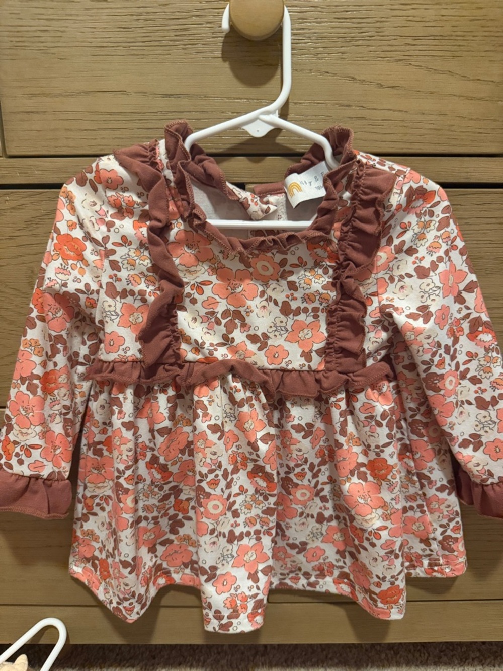 Ruffle-Trim Floral Long Sleeve Top - Dusty Rose